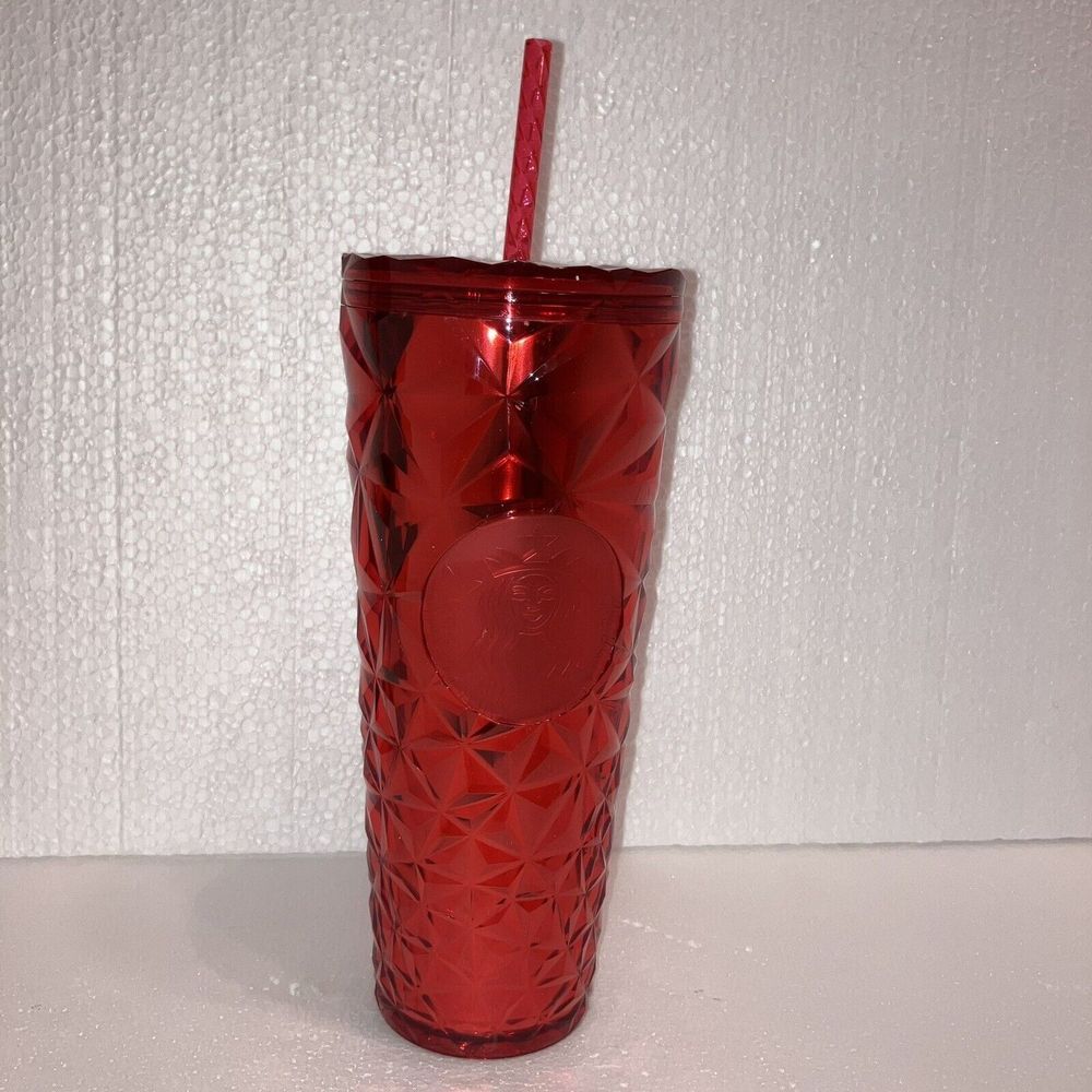 Starbucks Cold Drink Tumbler Cup / 24‎ Oz / 2023 Red Clear Diamond Prism Crystal